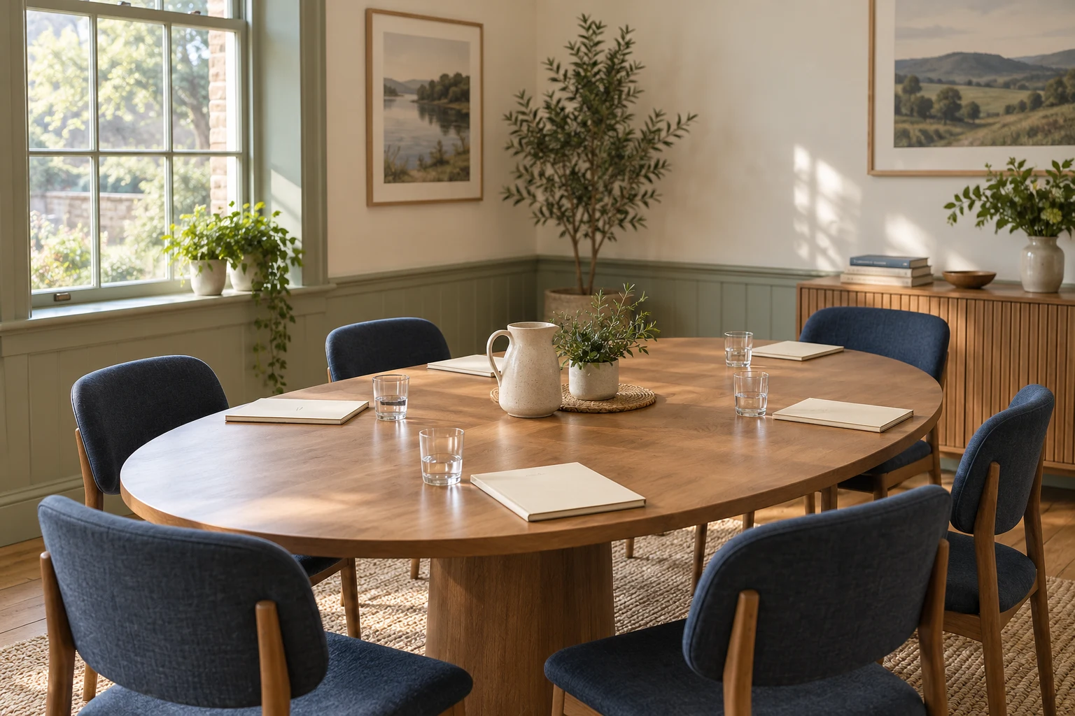 An empty sunlit community meeting room with notebooks around a wooden table; a fictional illustration.