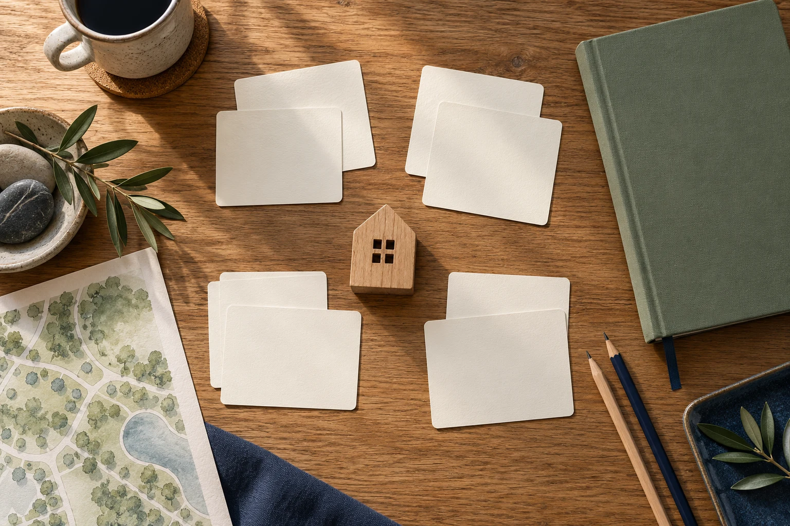 Blank planning cards, a wooden house token and a sage notebook; a fictional editorial illustration.
